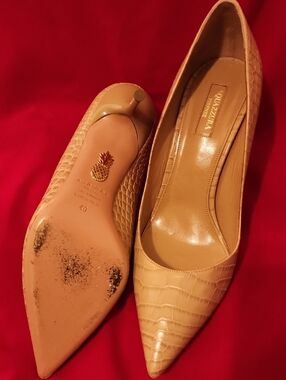 Aquazzura Tan Croc-Embossed Pointed-Toe Pumps
